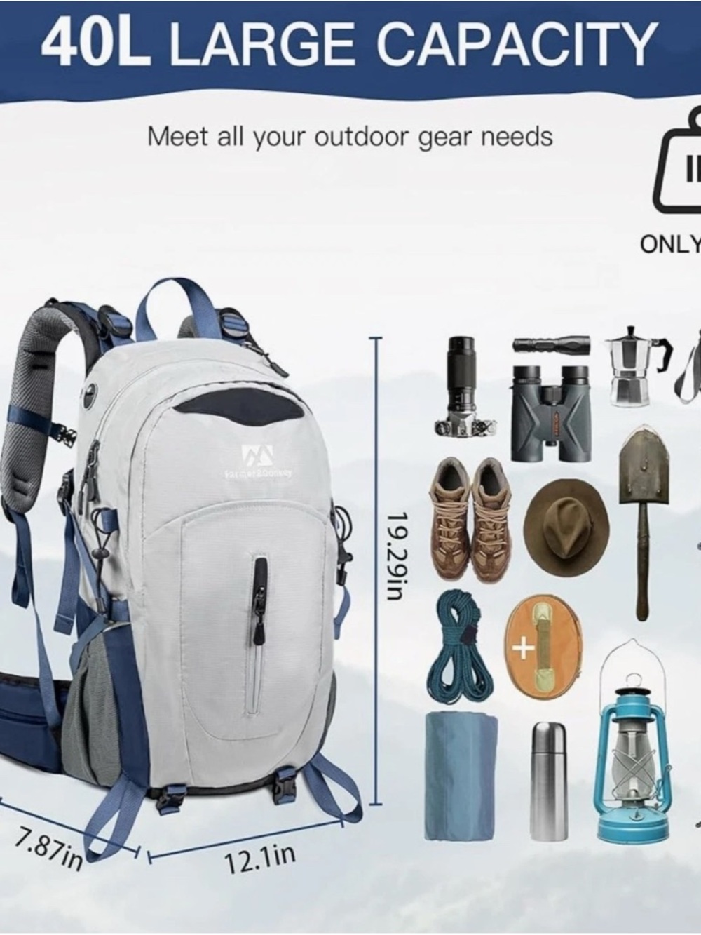 Farmer&Donkey Hiking Backpack, 40L Waterproof Camping Backpack Lightweight Grey - Picture 2 of 9